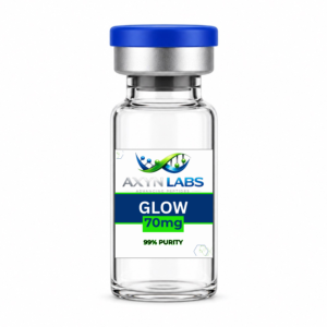 70mg vial of GLOW research blend (GHK-Cu, TB-500, BPC-157) blue lyophilized powder.